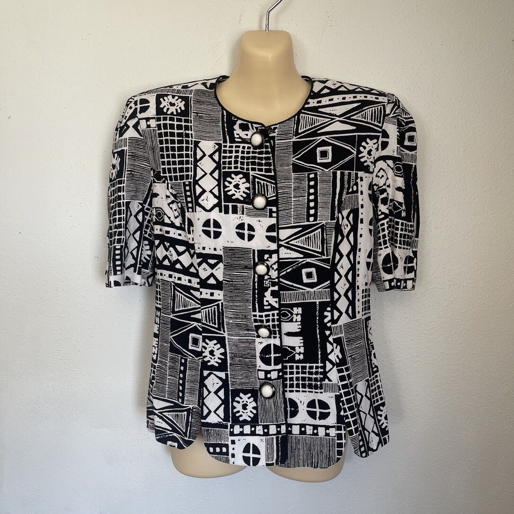 Miss Dorby Womens Size 10 No Collar Button Jacket SS Black & White Shoulder Pads